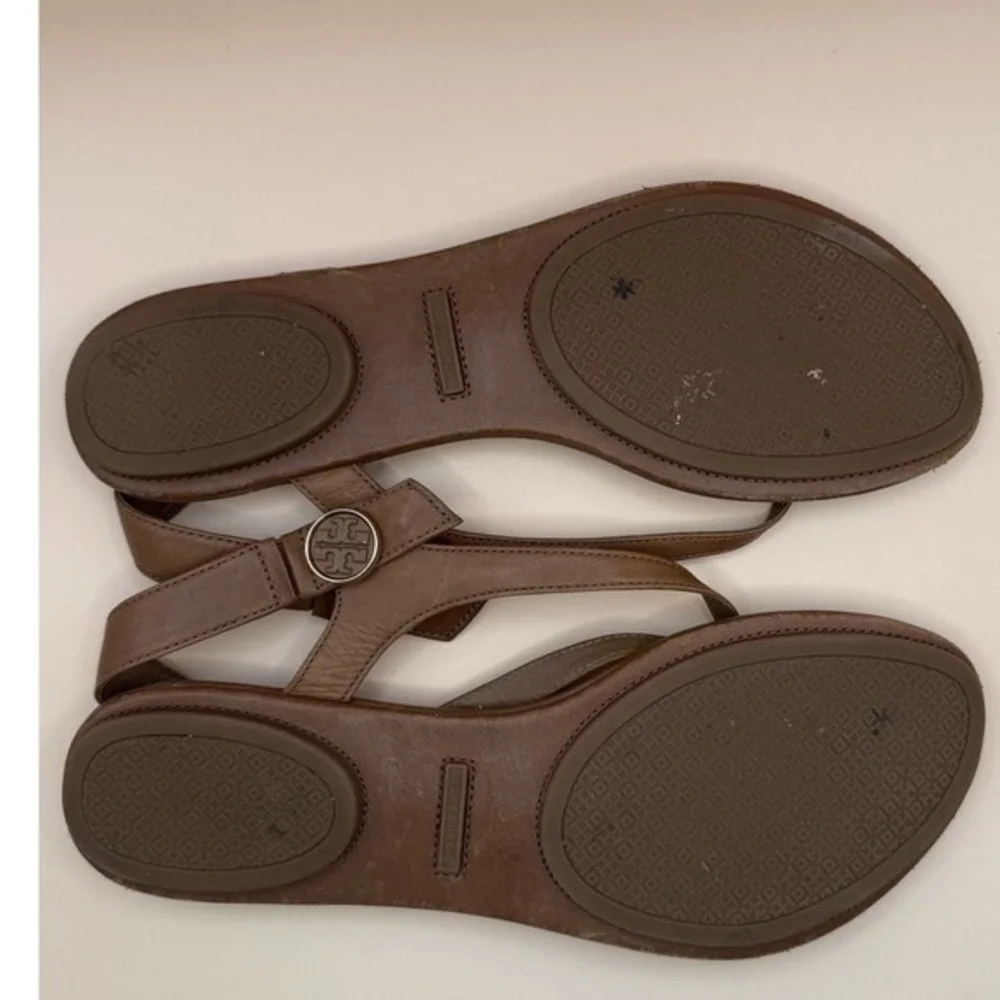 Tory‎ Burch Emmy Tan Leather Flat Thong Slingback Sandals Logo Medallion 9.5M